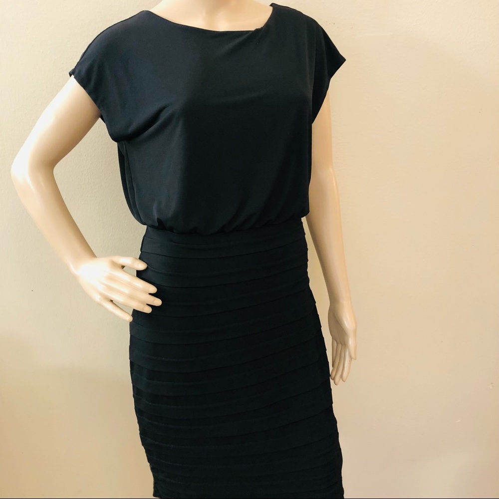 AA Studio AA Black Blouson Shutter Pleat Sheath Dress - Size 6 Split Back